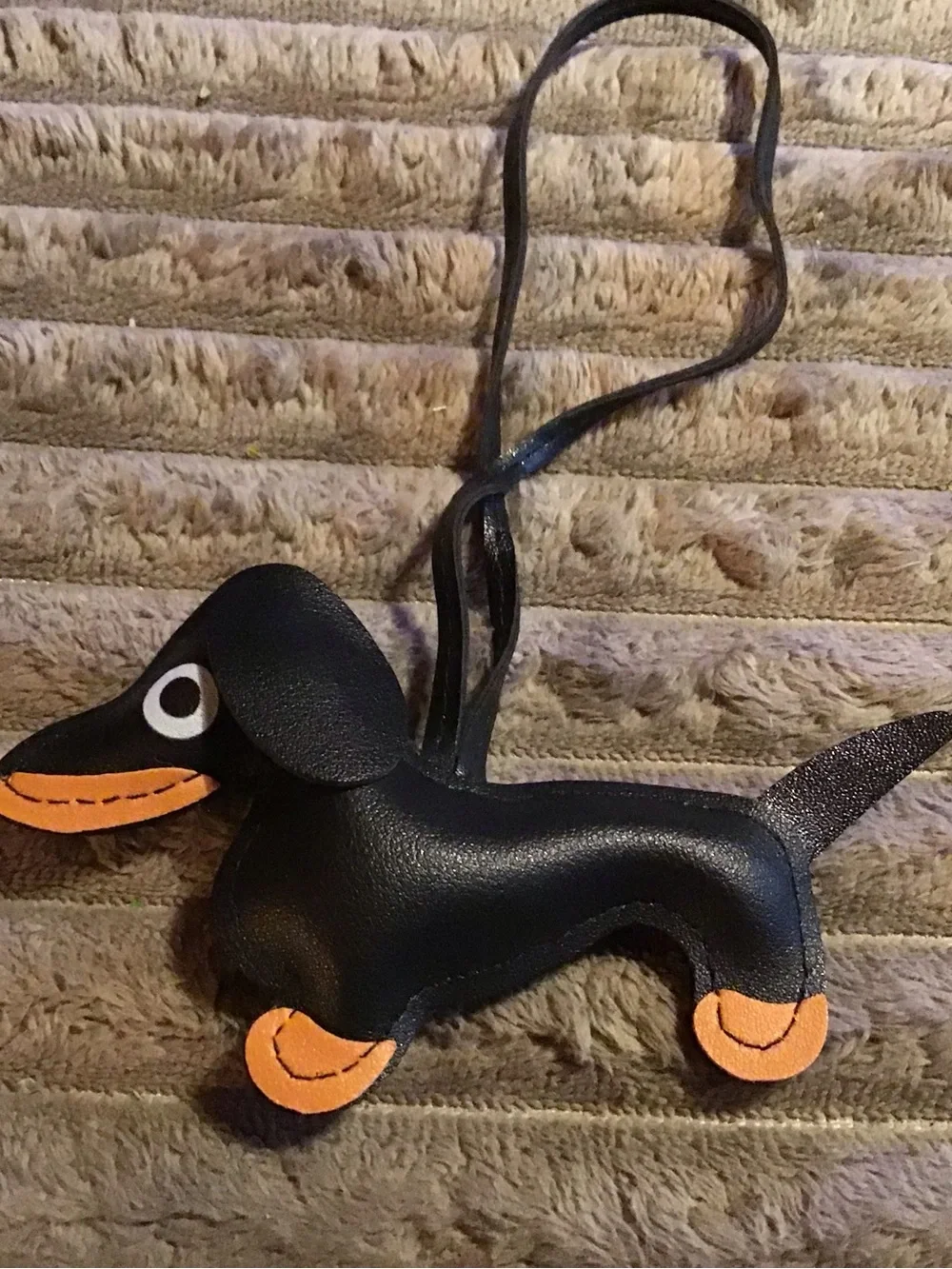 Black Dachshund leather bag charm with Orange Accents